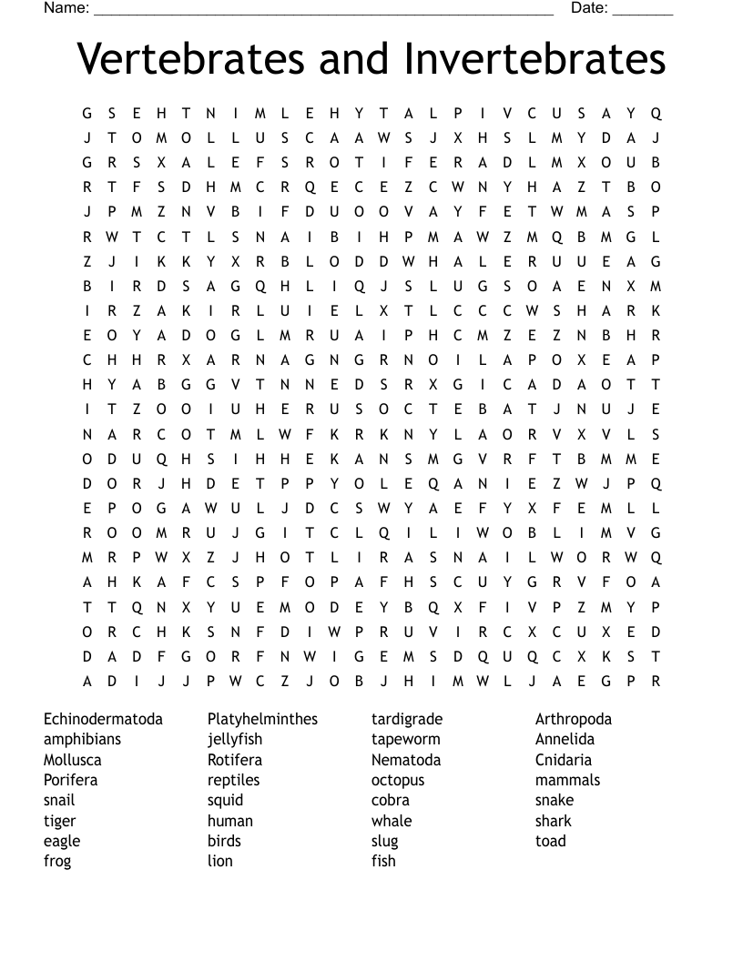 Vertebrates and Invertebrates Word Search