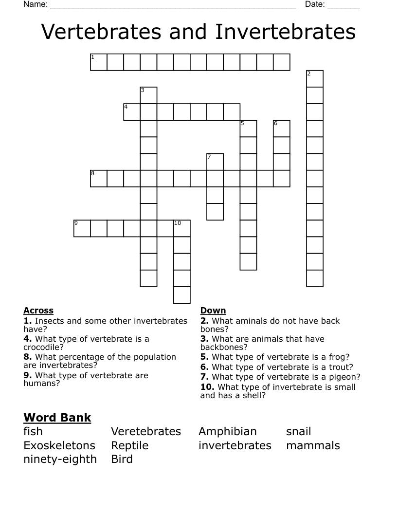 Vertebrates and Invertebrates Crossword