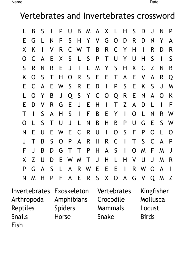 Vertebrates and Invertebrates crossword Word Search