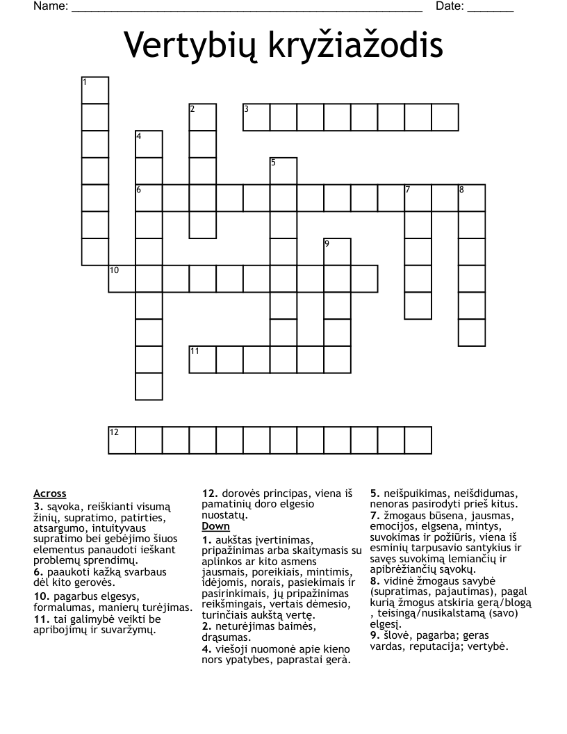 Vertybių kryžiažodis Crossword