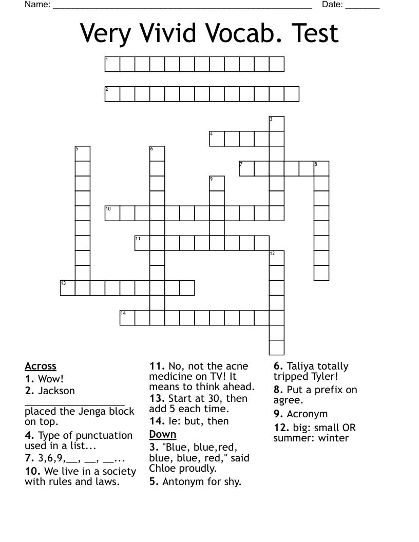 Very Vivid Vocab. Test Crossword