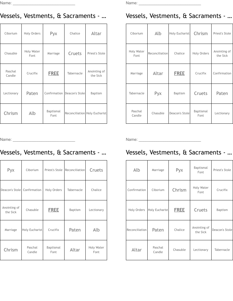 Vessels, Vestments, & Sacraments - Grade 5  Bingo Cards