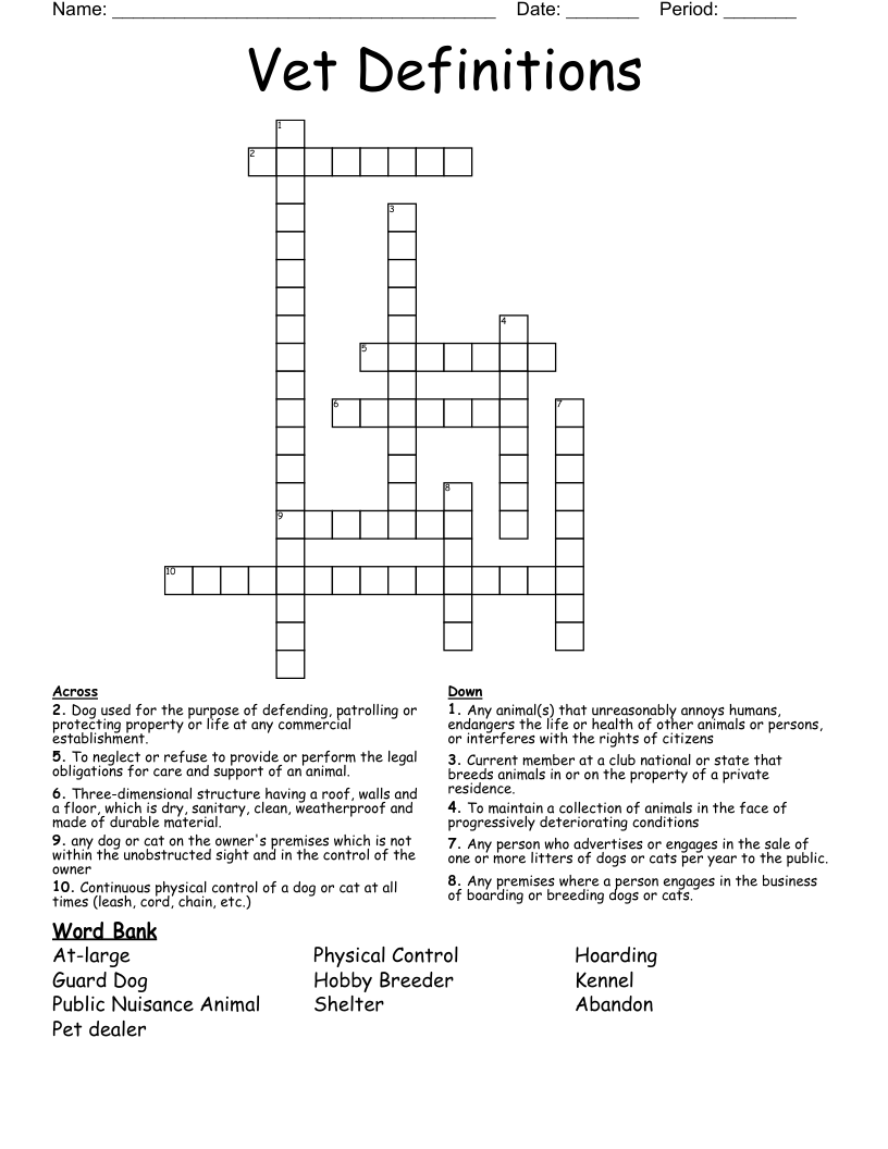 Vet Definitions Crossword
