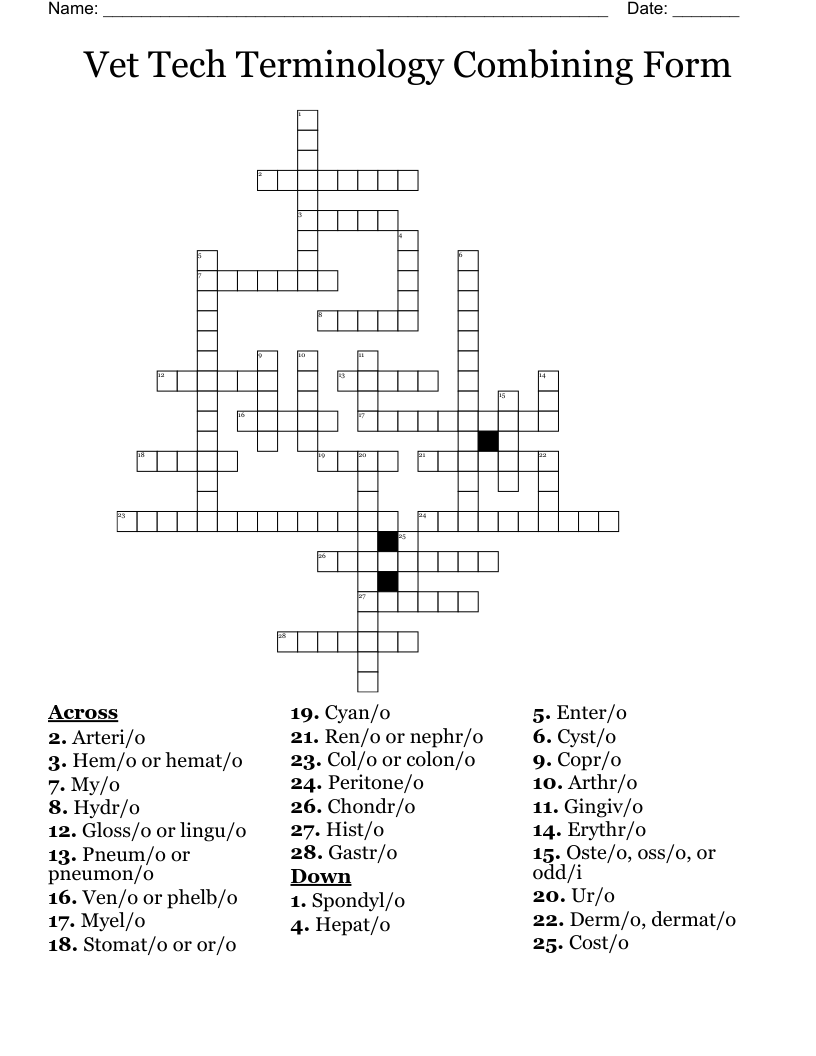 Vet Tech Terminology Combining Form Crossword