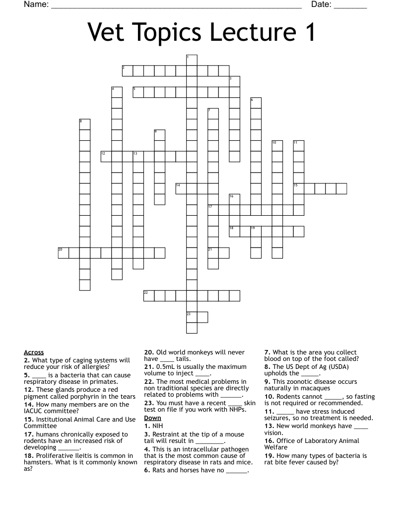 Vet Topics Lecture 1 Crossword