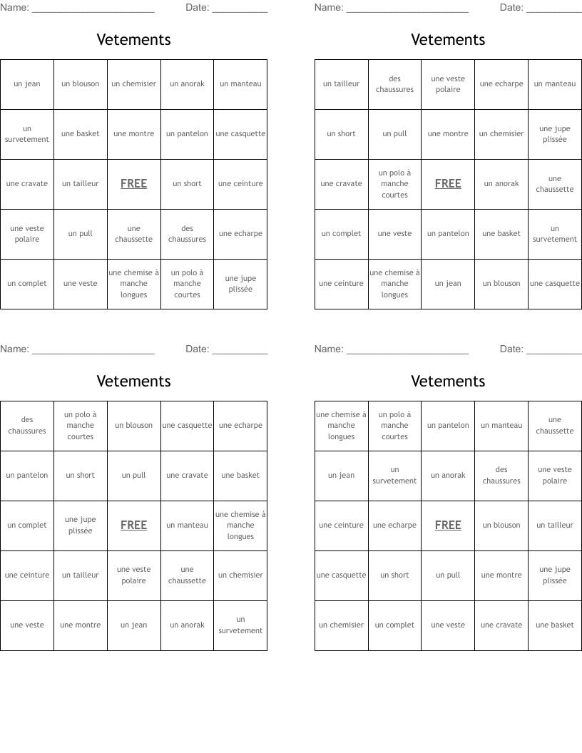 Vetements Bingo Cards