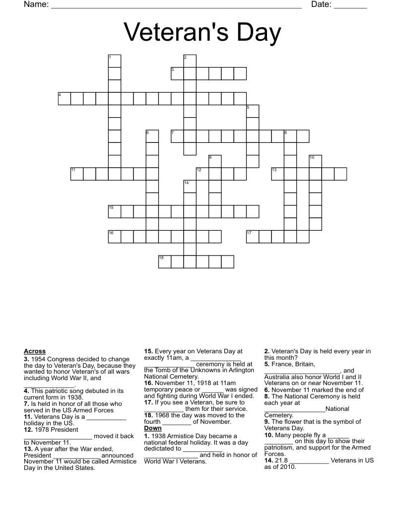 Veteran's Day Crossword