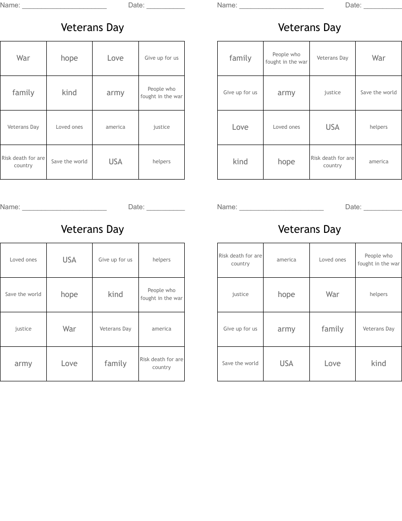 Veterans Day Bingo Cards