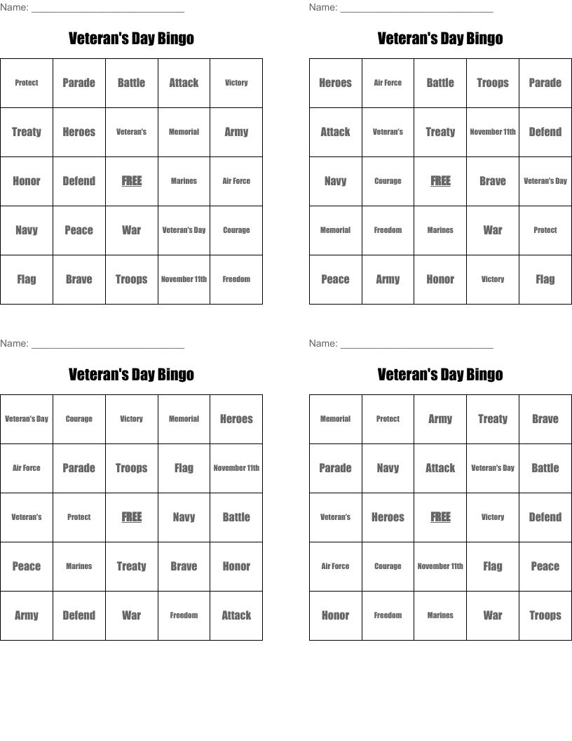 Veteran's Day Bingo 