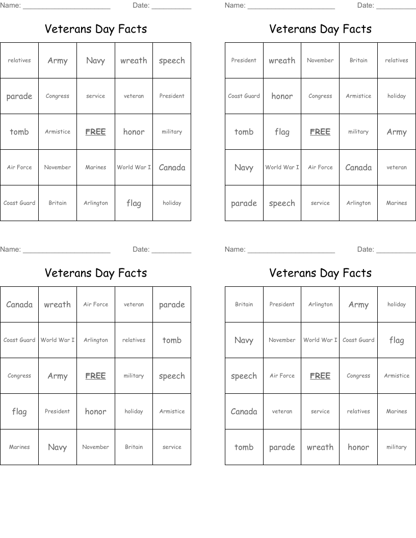 Veterans Day Facts Bingo Cards