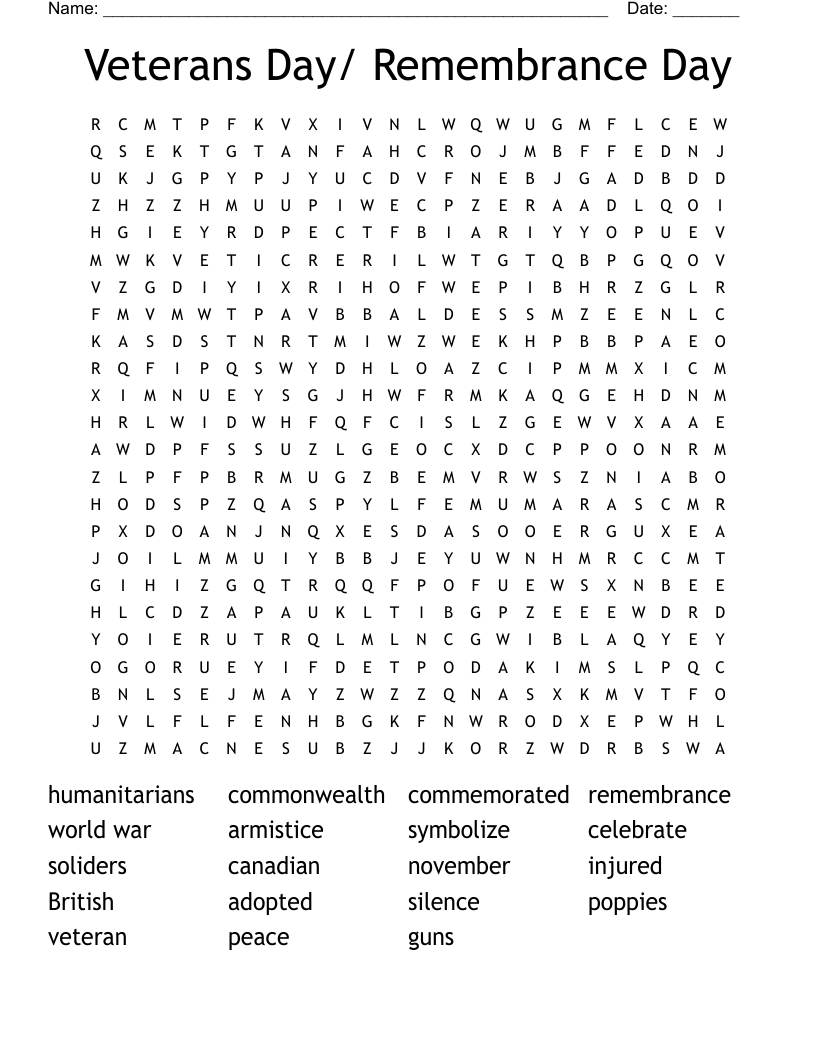 Veterans Day/ Remembrance Day Word Search