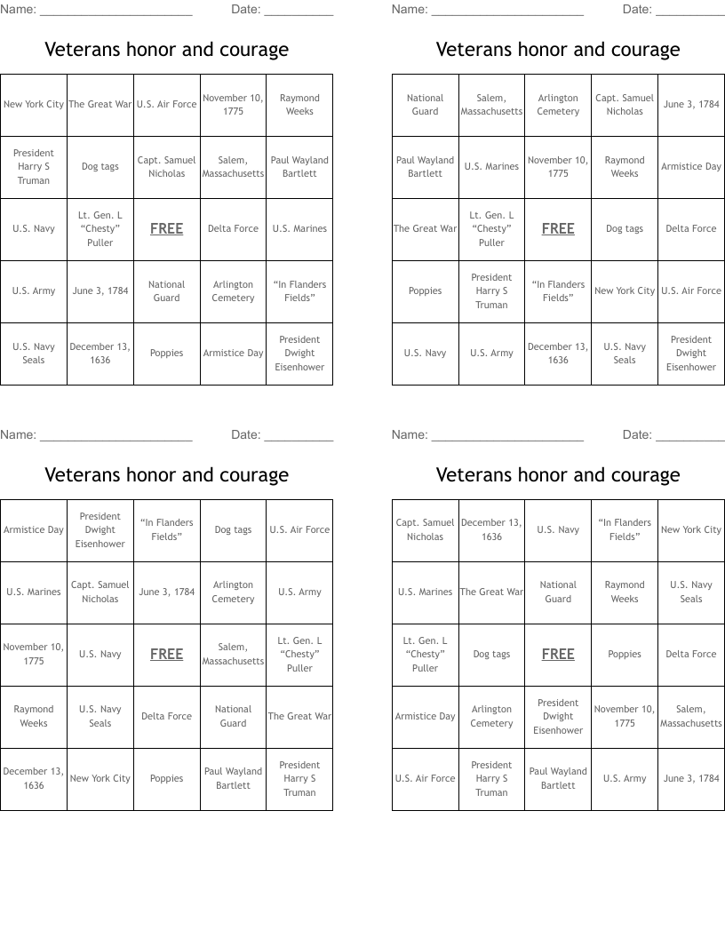 Veterans honor and courage  Bingo Cards