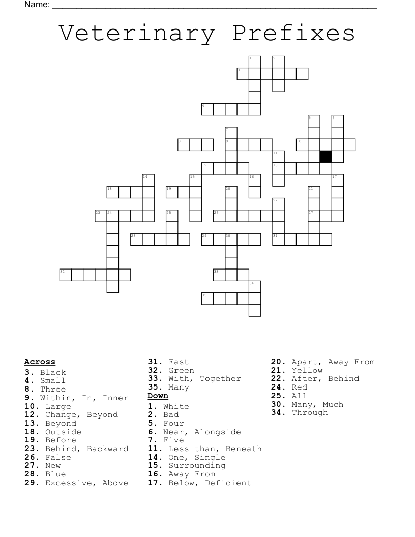 Veterinary Prefixes Crossword
