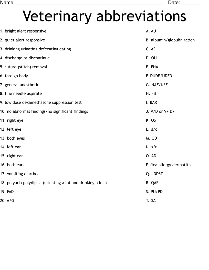 Veterinary abbreviations Worksheet