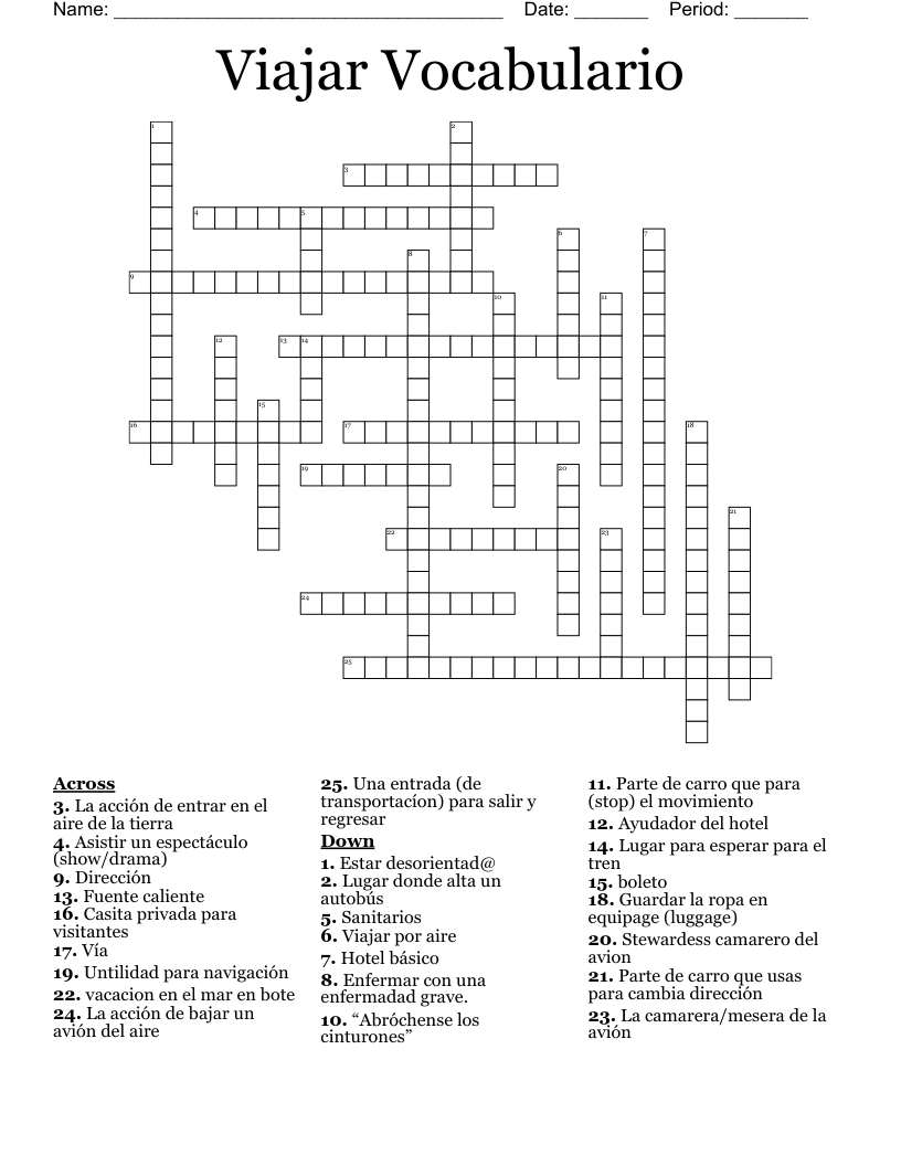 Viajar Vocabulario Crossword