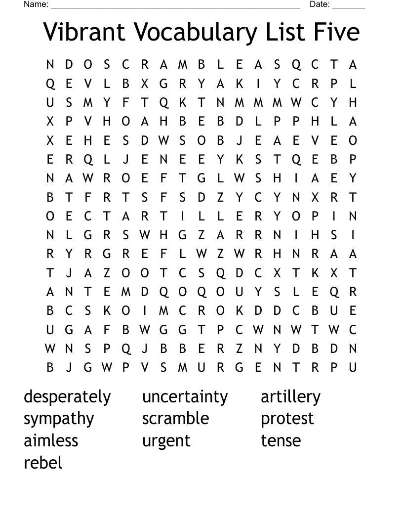Vibrant Vocabulary List Five Word Search