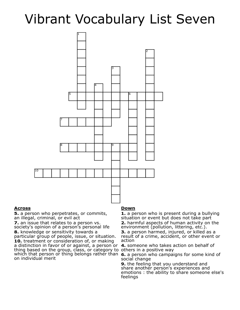 Vibrant Vocabulary List Seven Crossword