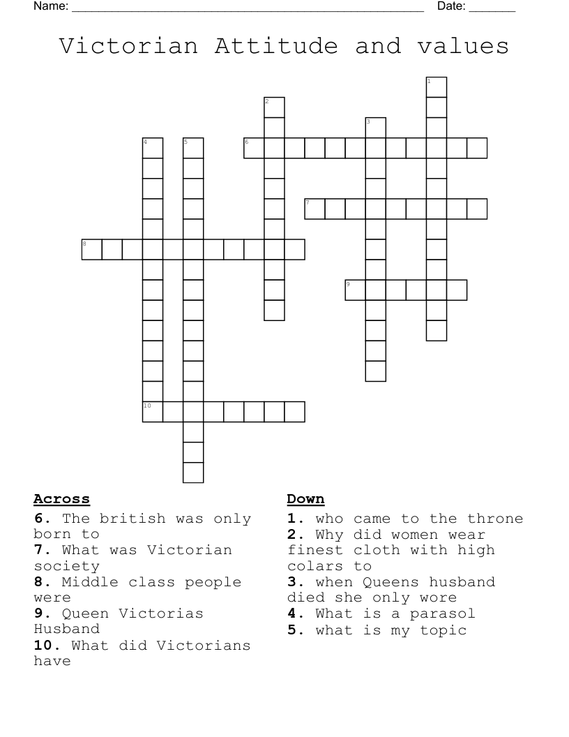 Victorian Attitude and values Crossword