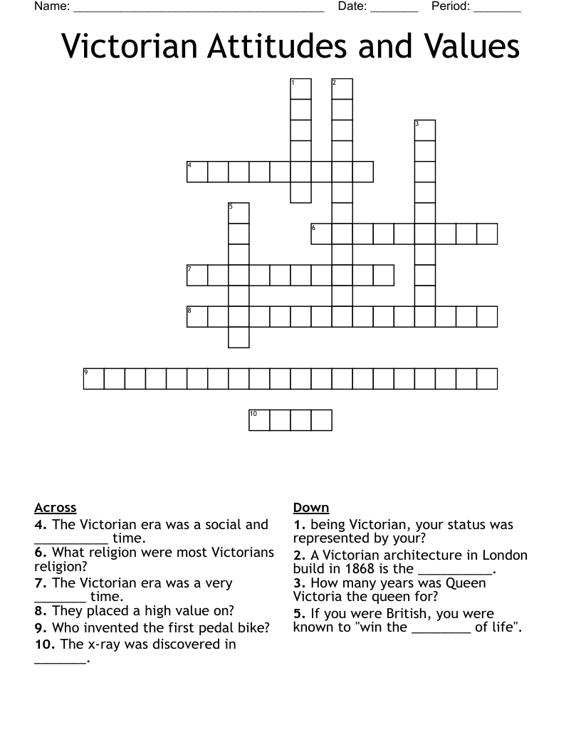 Victorian Attitudes and Values Crossword