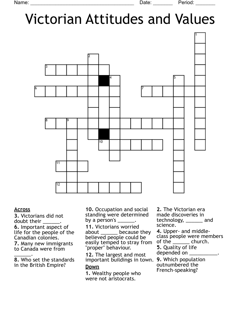 Victorian Attitudes and Values Crossword