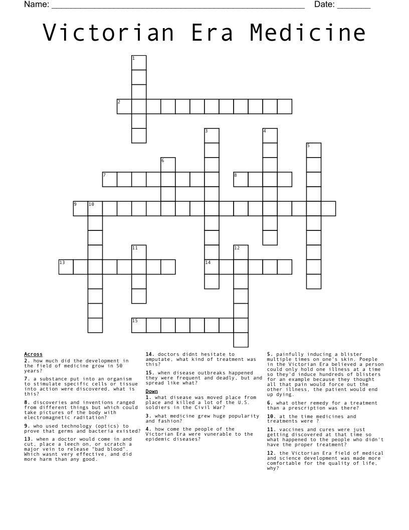 Victorian Era Medicine Crossword