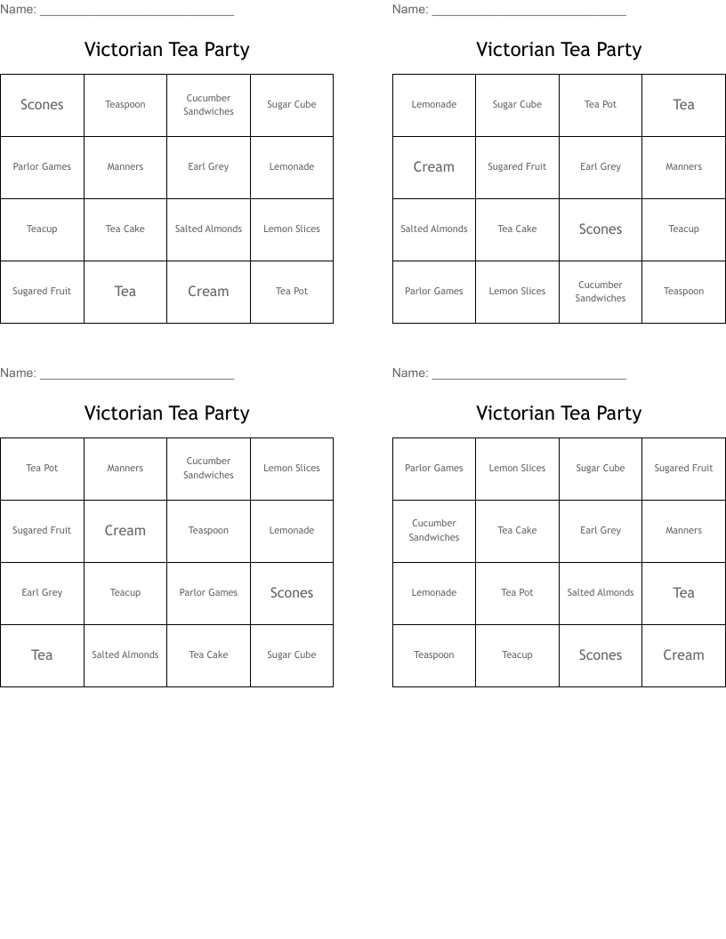 Victorian Tea Party Bingo Cards