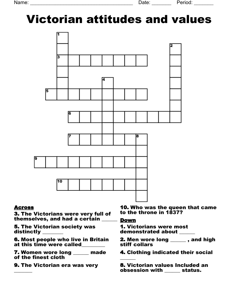 Victorian attitudes and values  Crossword