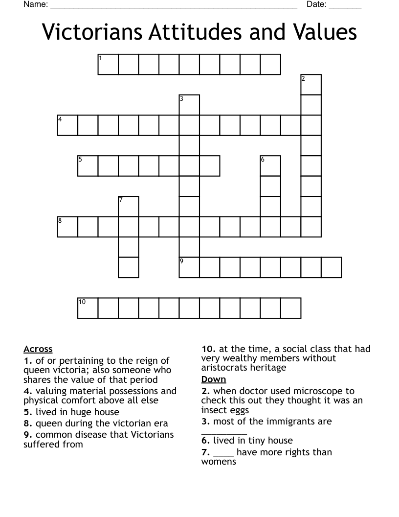 Victorians Attitudes and Values Crossword