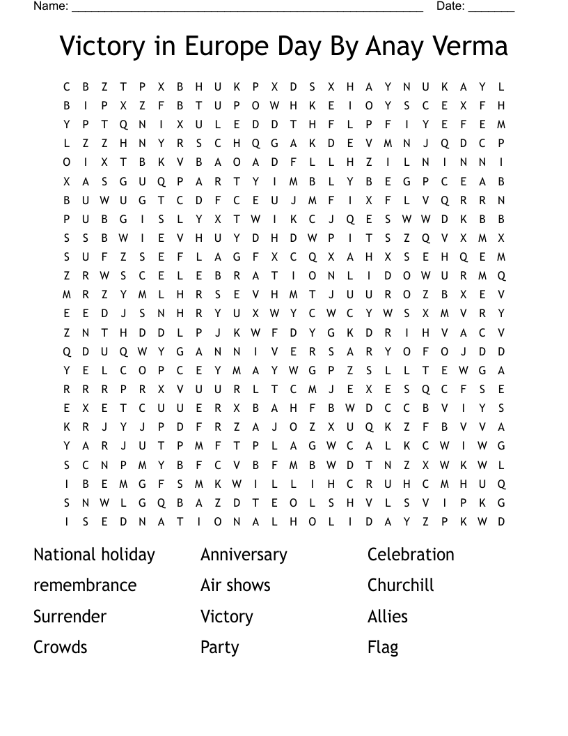 Victory in Europe Day By Anay Verma Word Search