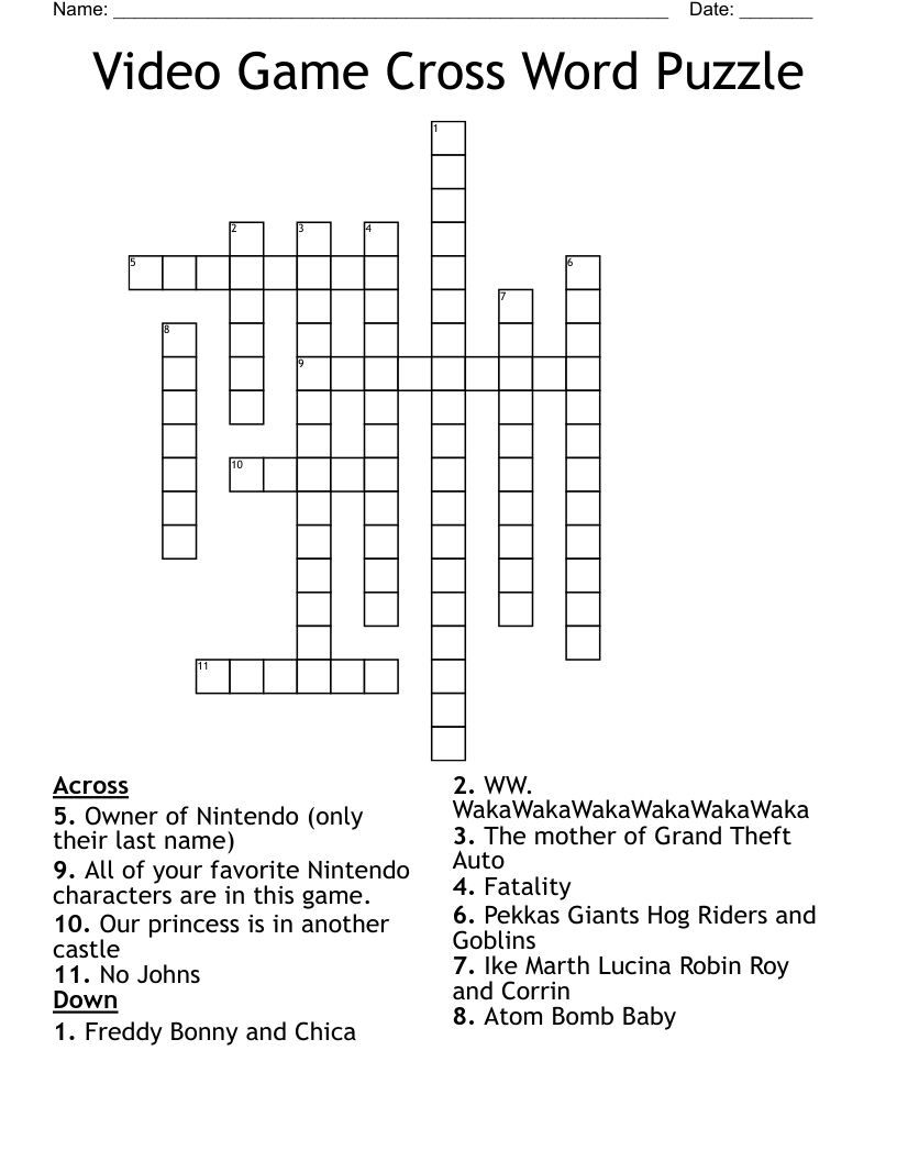 Video Game Cross Word Puzzle