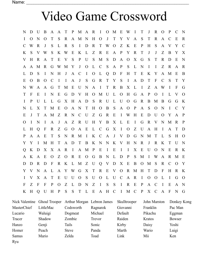 Video Game Crossword Word Search