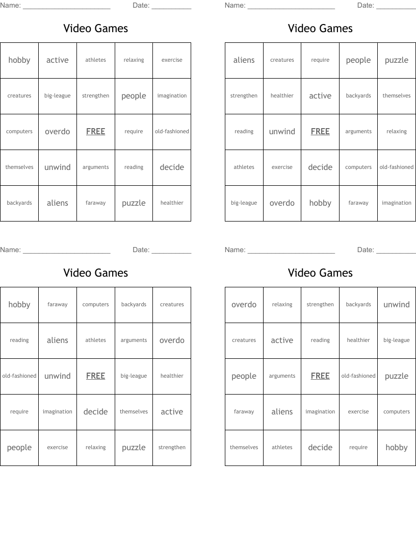 Video Games Bingo Cards