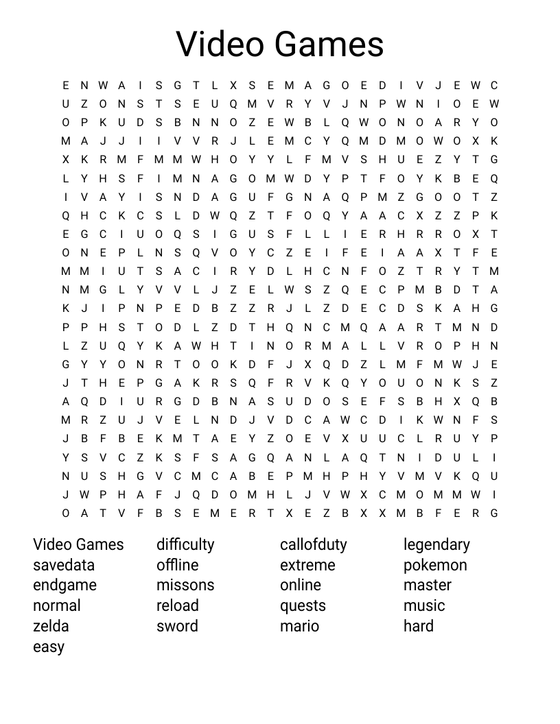Video Games Word Search