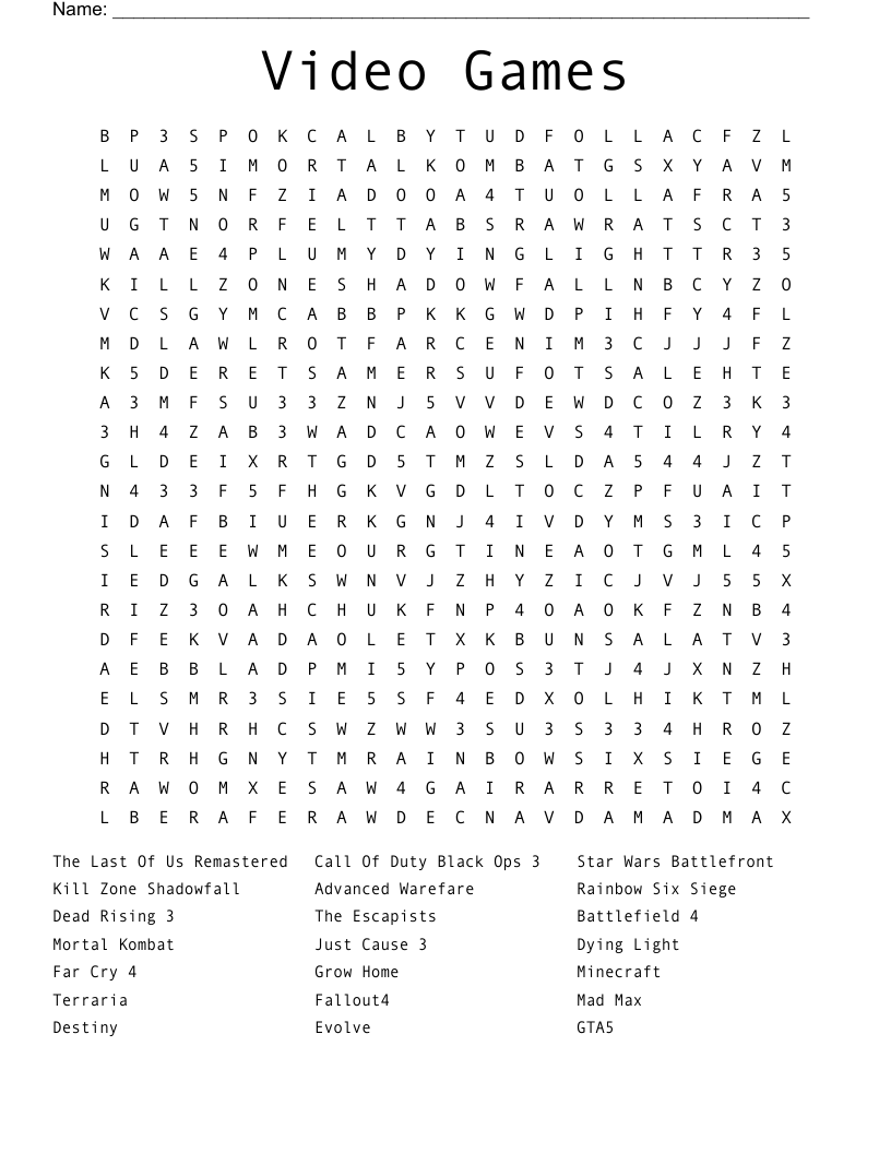 Video Games Word Search