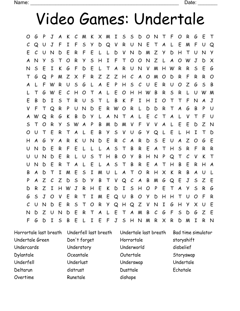 Video Games: Undertale Word Search