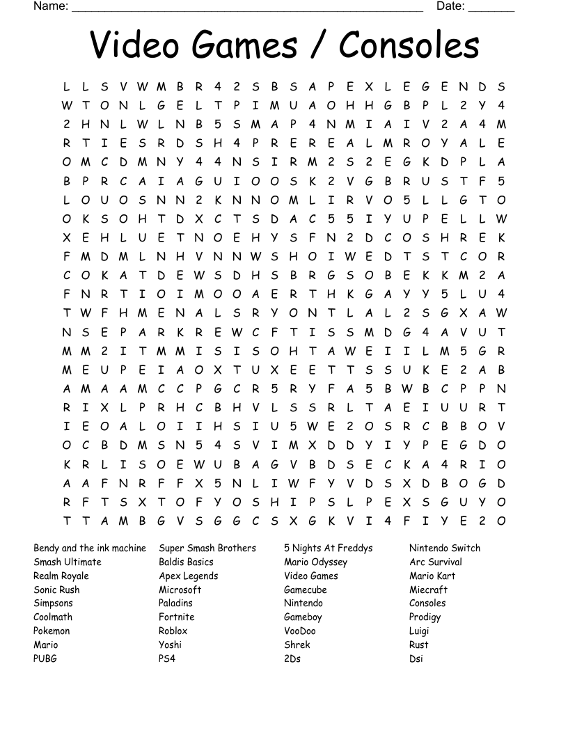 Video Games / Consoles Word Search