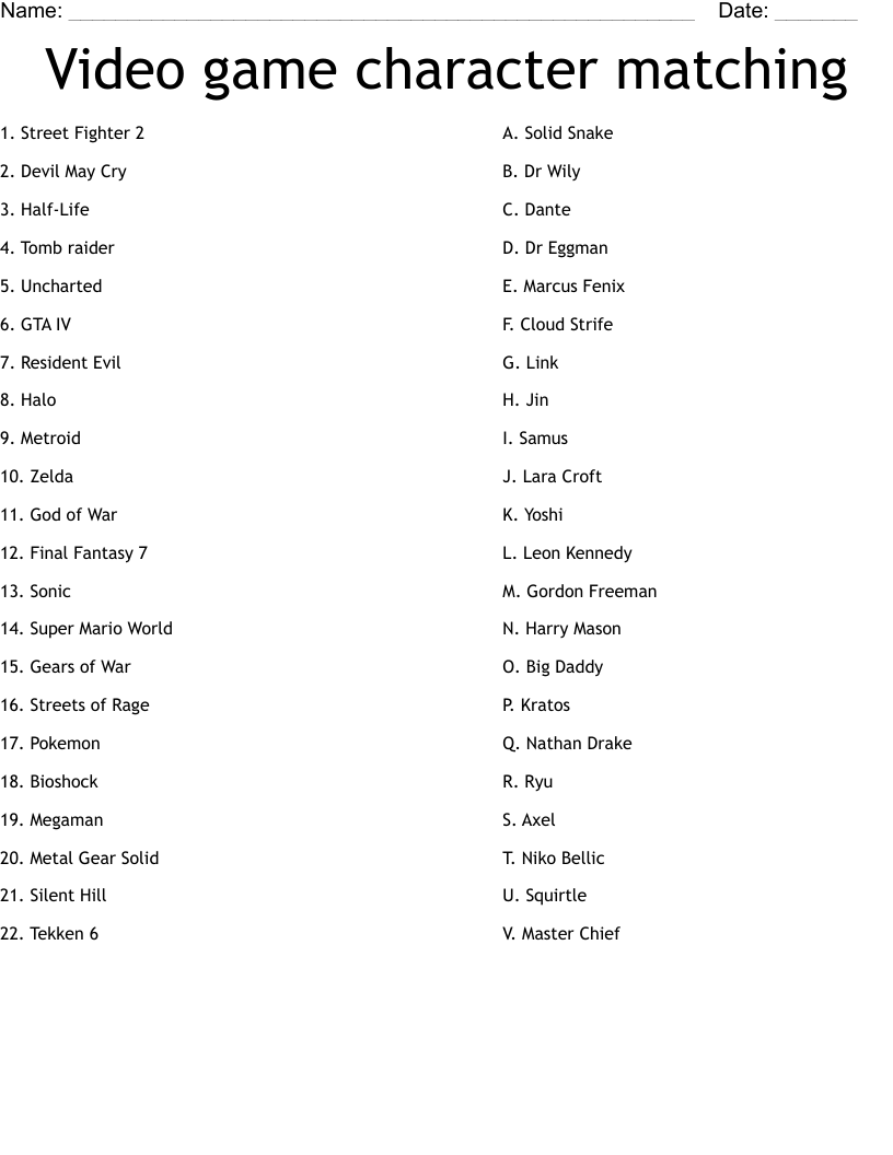 Video game character matching Worksheet
