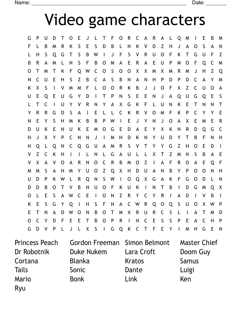 Video game characters Word Search