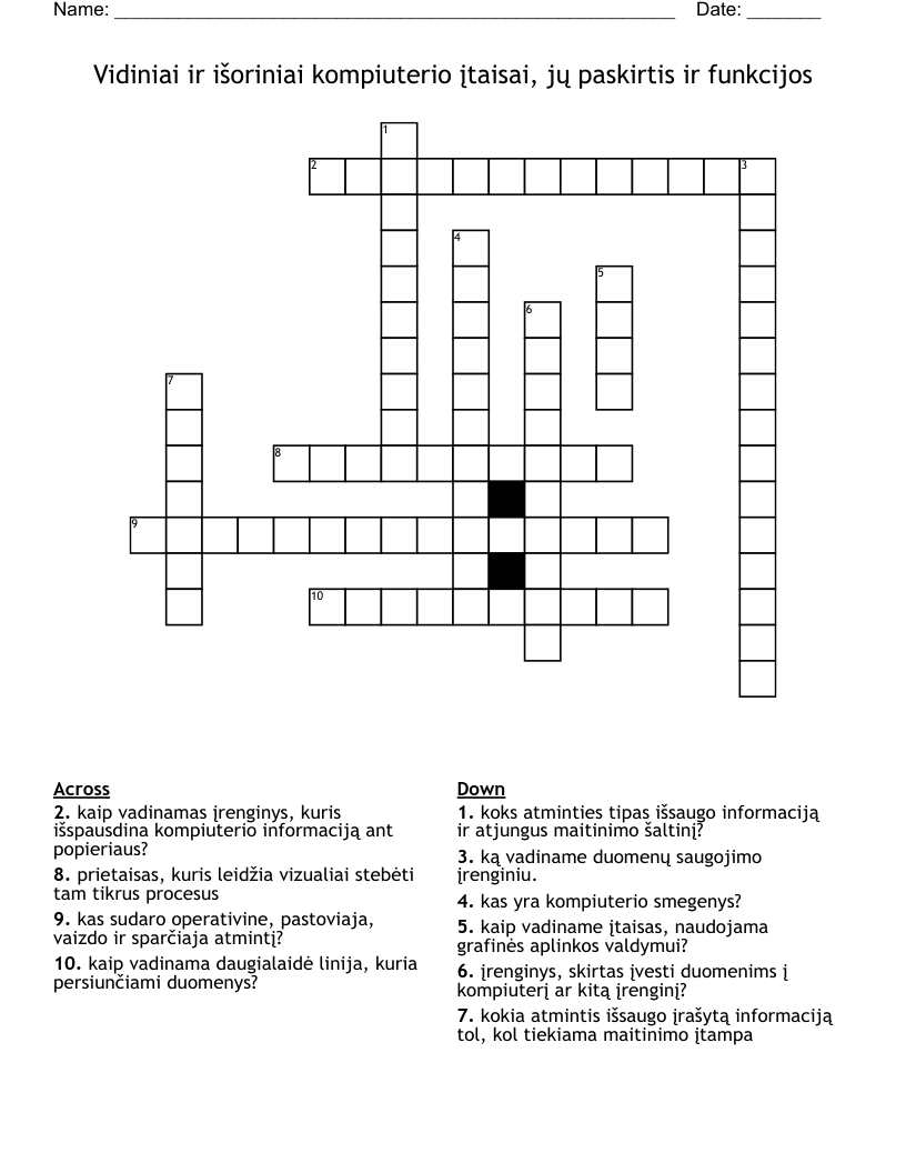 Vidiniai ir išoriniai kompiuterio įtaisai, jų paskirtis ir funkcijos Crossword