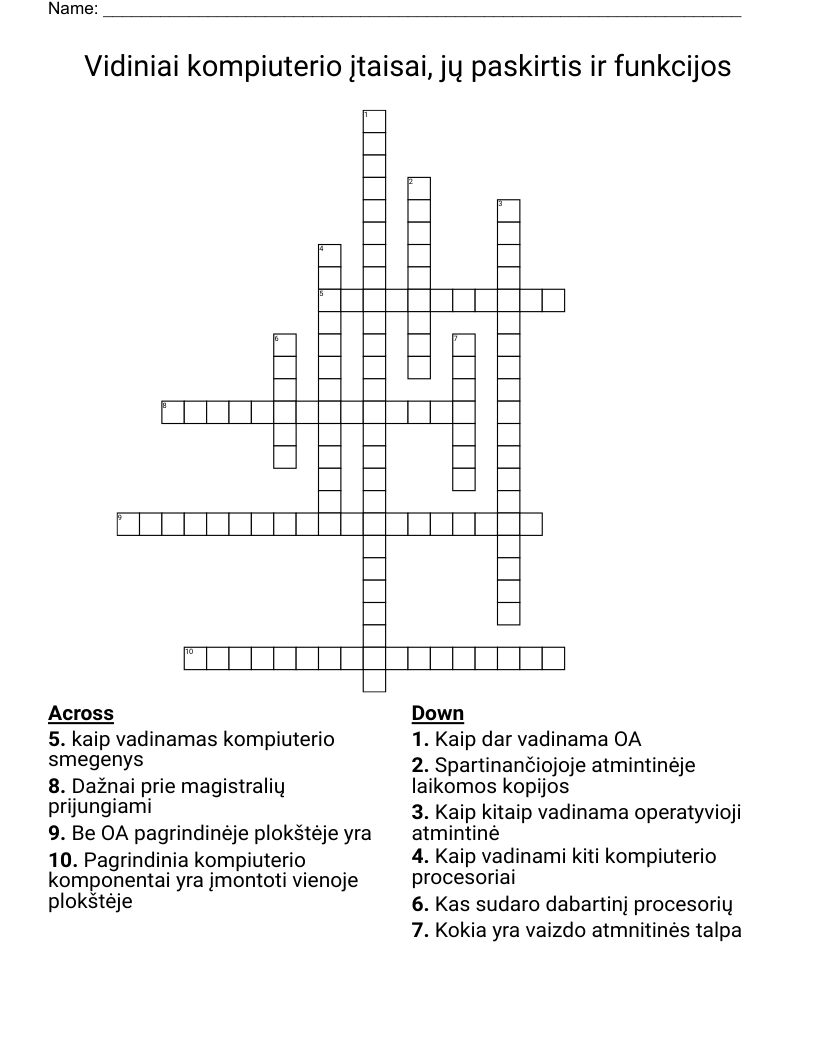 Vidiniai kompiuterio įtaisai, jų paskirtis ir funkcijos Crossword