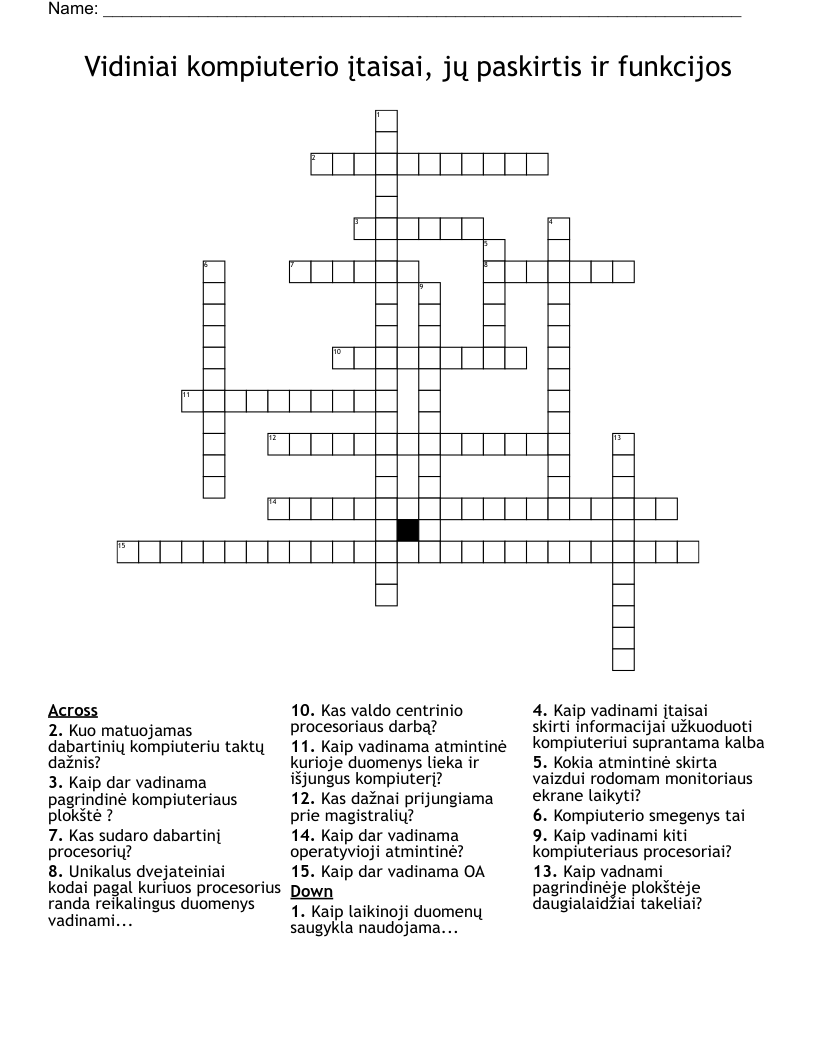 Vidiniai kompiuterio įtaisai, jų paskirtis ir funkcijos Crossword