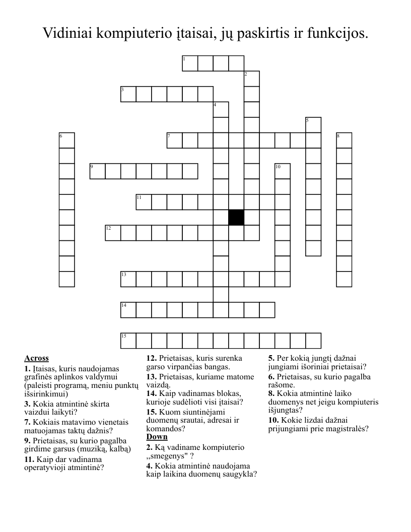 Vidiniai kompiuterio įtaisai, jų paskirtis ir funkcijos. Crossword