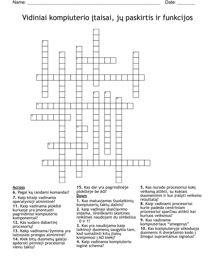 Vidiniai kompiuterio įtaisai, jų paskirtis ir funkcijos Crossword