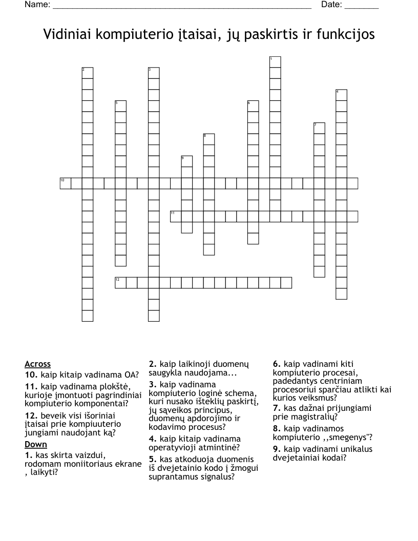Vidiniai kompiuterio įtaisai, jų paskirtis ir funkcijos Crossword