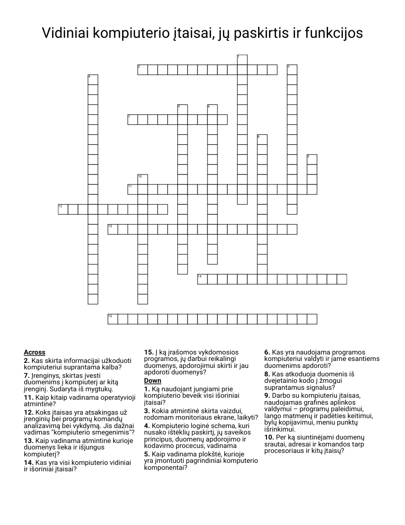 Vidiniai kompiuterio įtaisai, jų paskirtis ir funkcijos Crossword