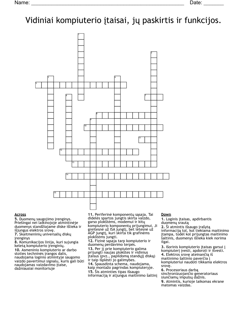 Vidiniai kompiuterio įtaisai, jų paskirtis ir funkcijos. Crossword