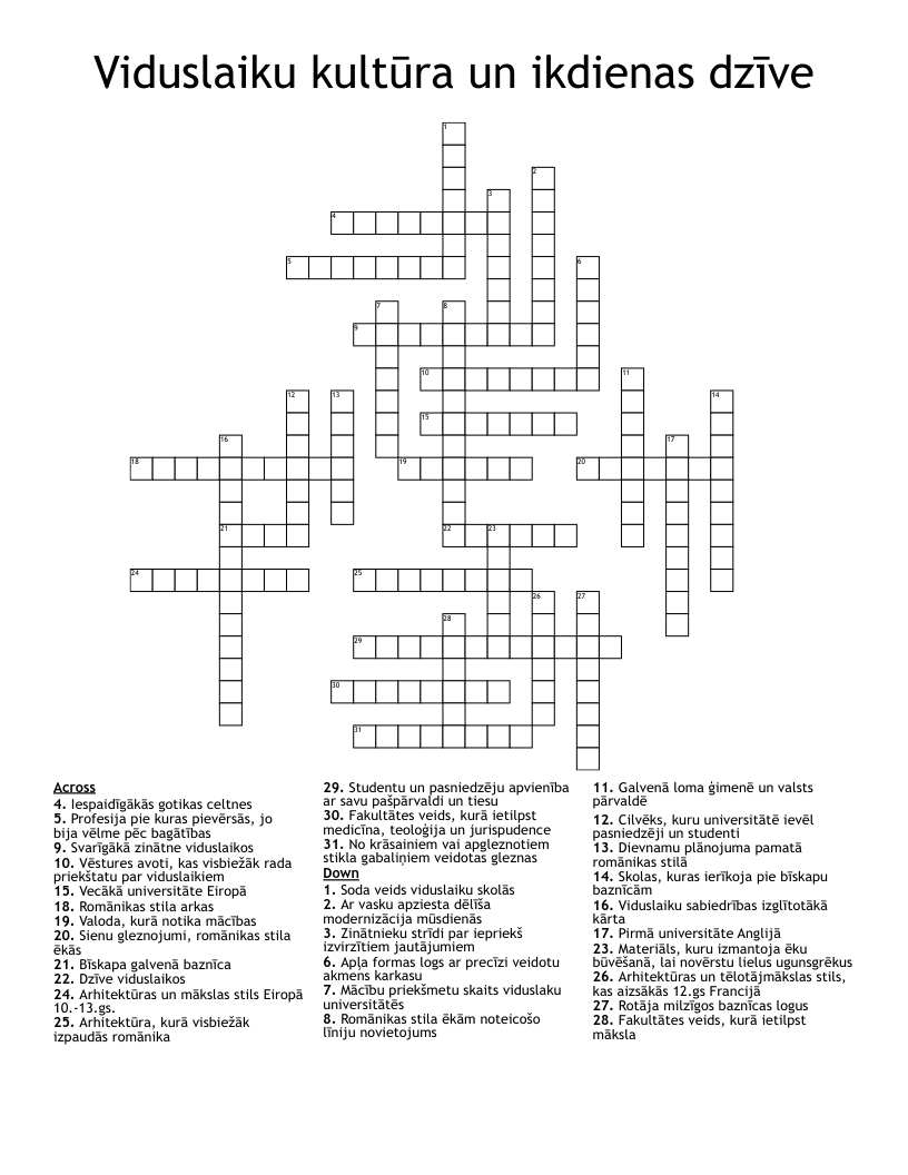 Viduslaiku kultūra un ikdienas dzīve Crossword