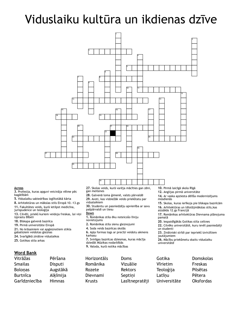Viduslaiku kultūra un ikdienas dzīve Crossword