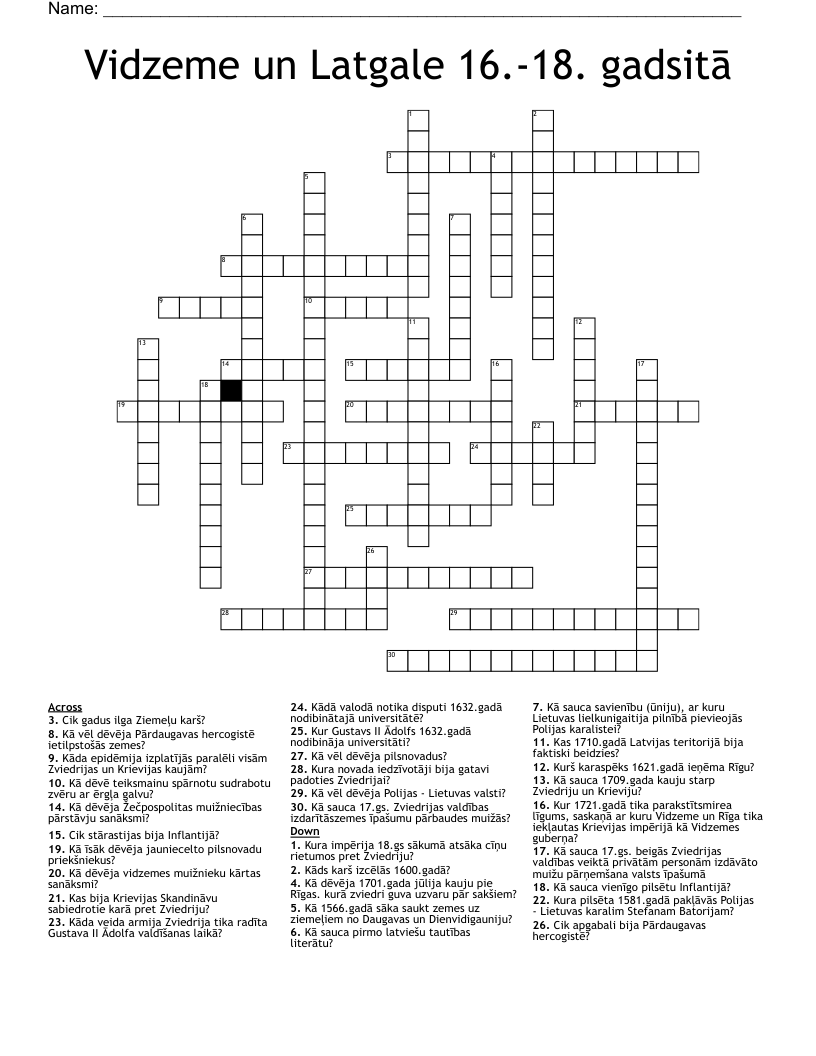 Vidzeme un Latgale 16.-18. gadsitā Crossword