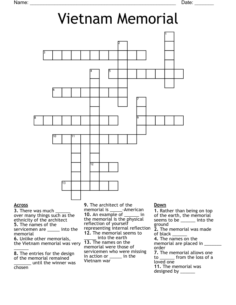 Vietnam Memorial  Crossword